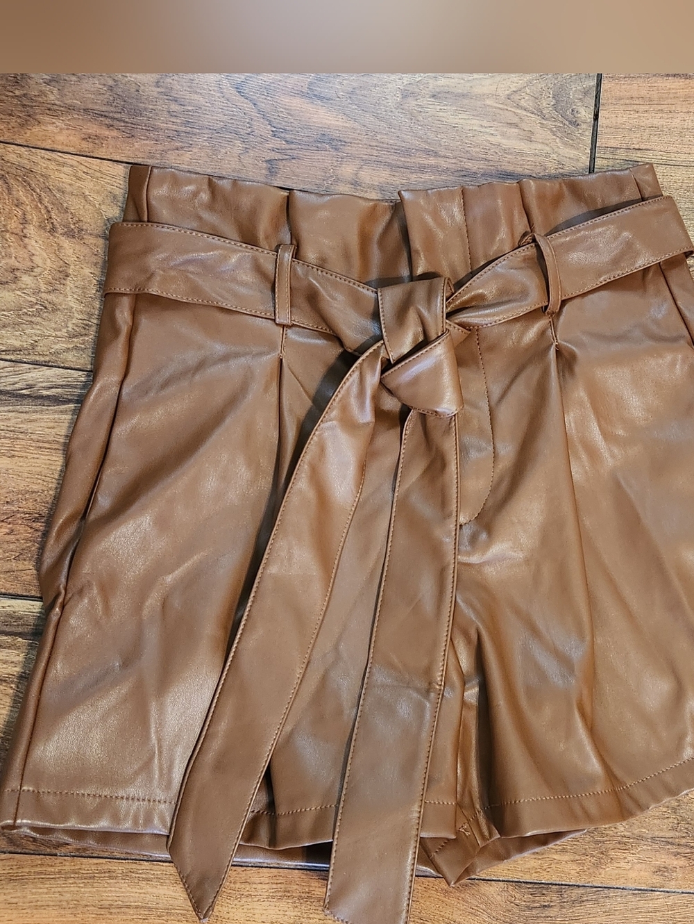 Faux Leather High-Waist Paperbag Shorts , Size M